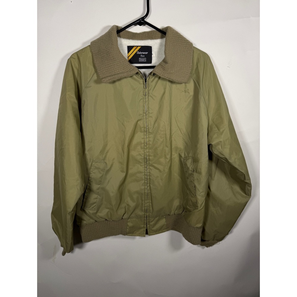 Vintage Sears Outerwear Mens Large Olive Tan Fleece Lined Bomber Jacket Zip Up